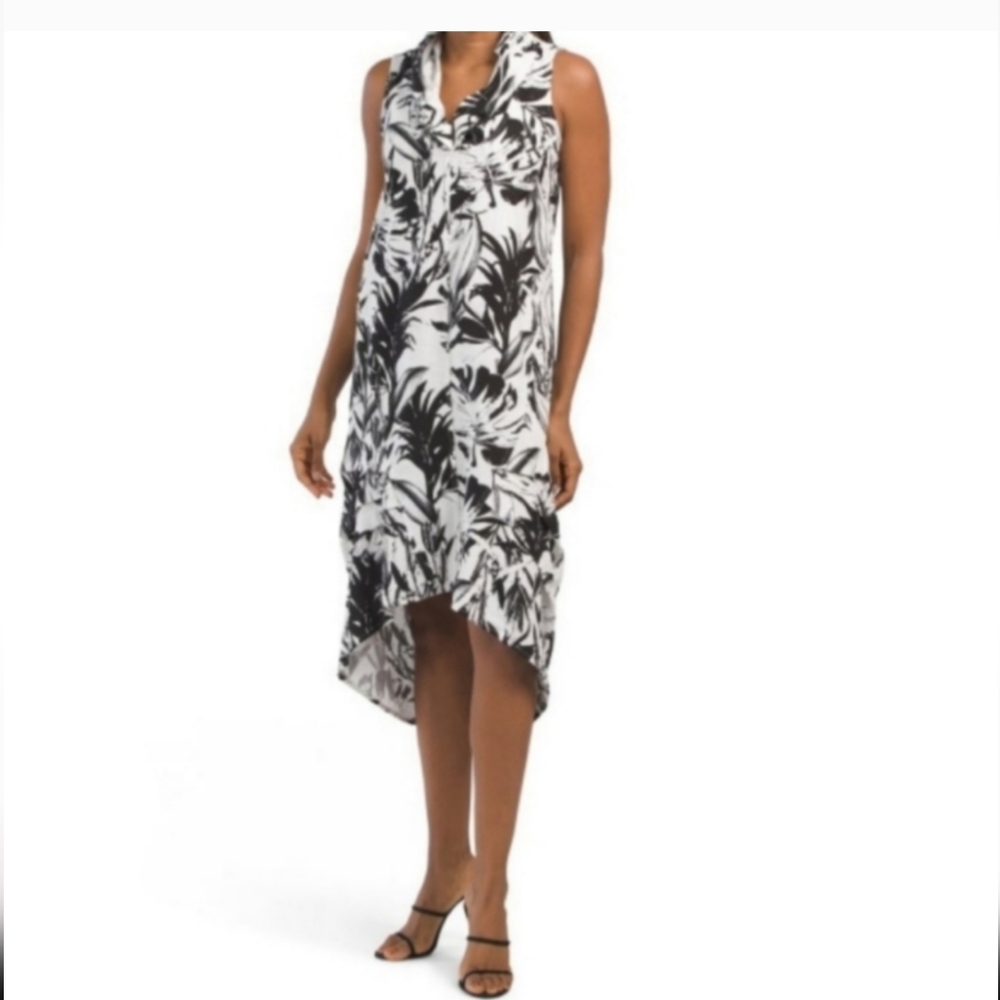 Cynthia Rowley tropical dress black with white flowers. Large. Linen&Vis…